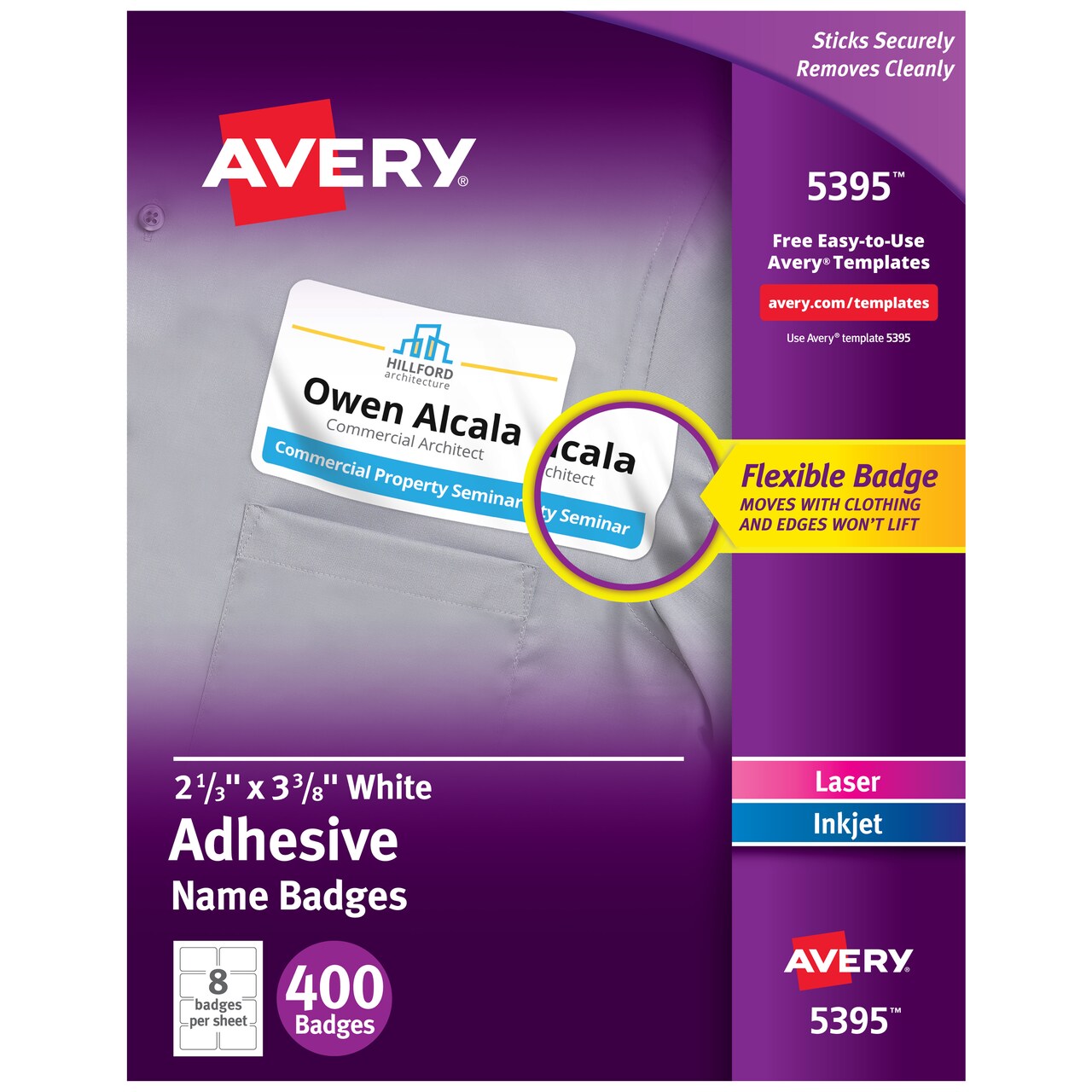 Avery Flexible Printable Name Tags, 2-1/3" x 3-3/8", Matte White, 400 Removable Name Badges for Laser and Inkjet Printers (5395)